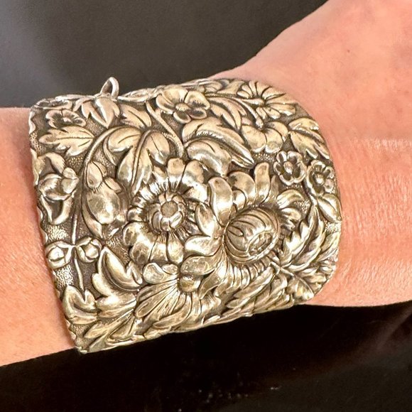 Floral Sterling Silver 925 Solid Cuff Bracelet Wide Victorian Antique Repurposed - Picture 9 of 10